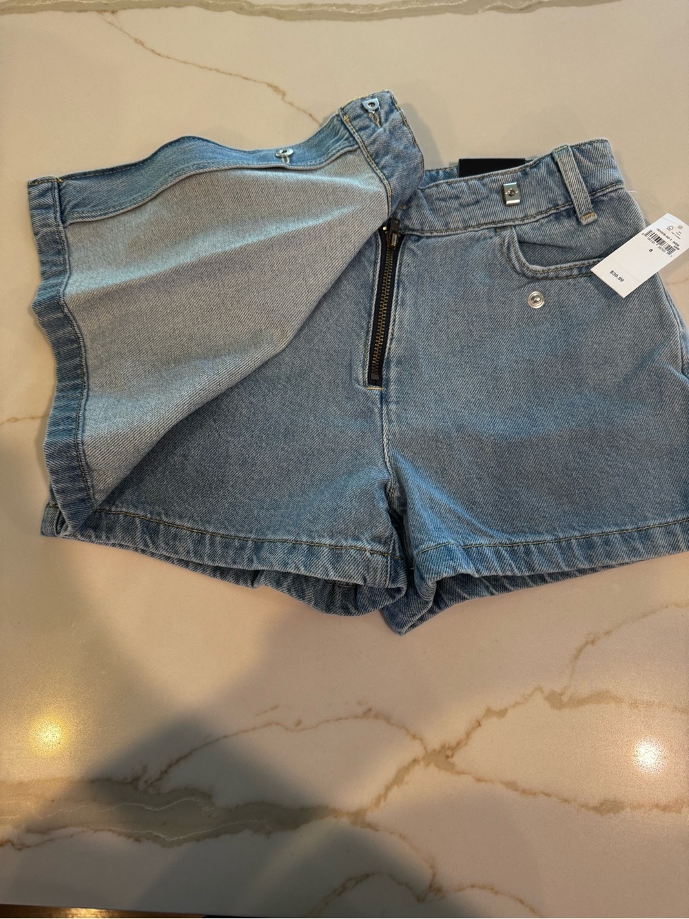 Denim High-Waist Zip Front Shorts - Light Blue